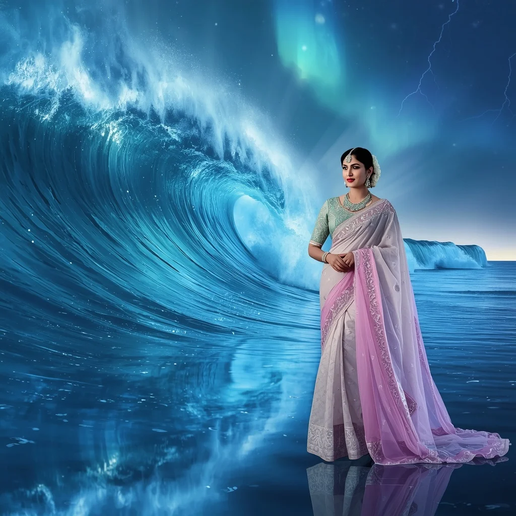 Festive Pastel Saree Reflective Aurora Crystal Sapphire Storm Ocean Collage Luxury | Prompt Seen Trending Girl AI Photo