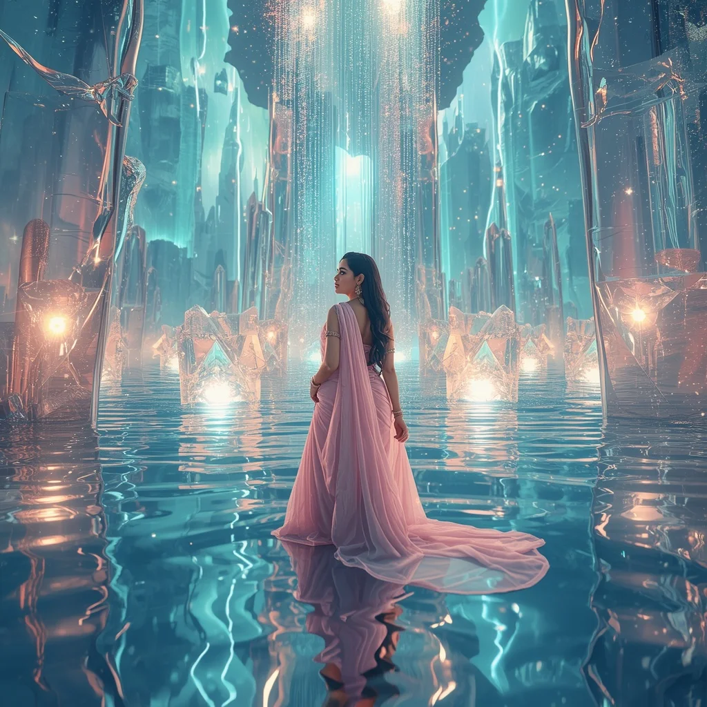 Festive Pastel Saree Reflective Aurora Crystal Waterworld Collage Luxury | New Instagram Trend Prompt For Girl