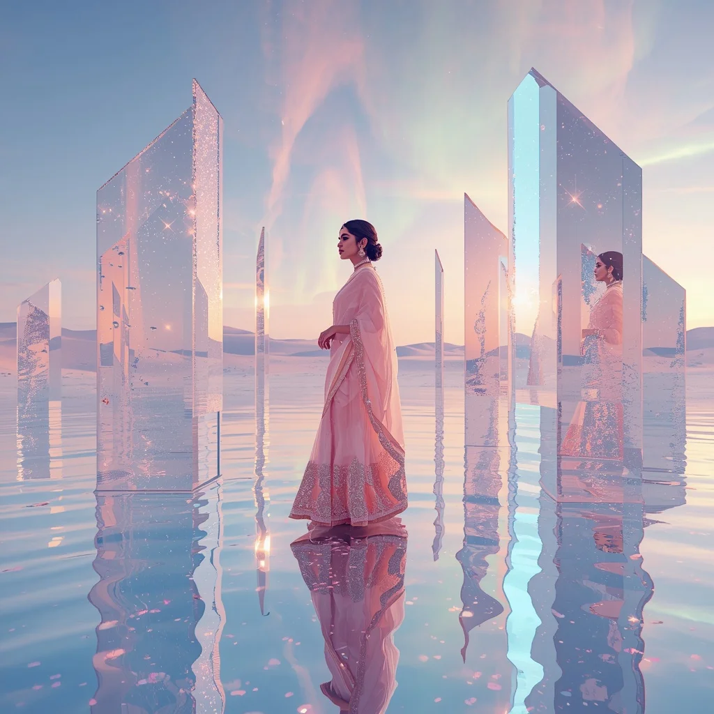 Festive Pastel Saree Reflective Crystal Aurora Desert Collage Luxury | Instagram Profile Pic Ai Prompt