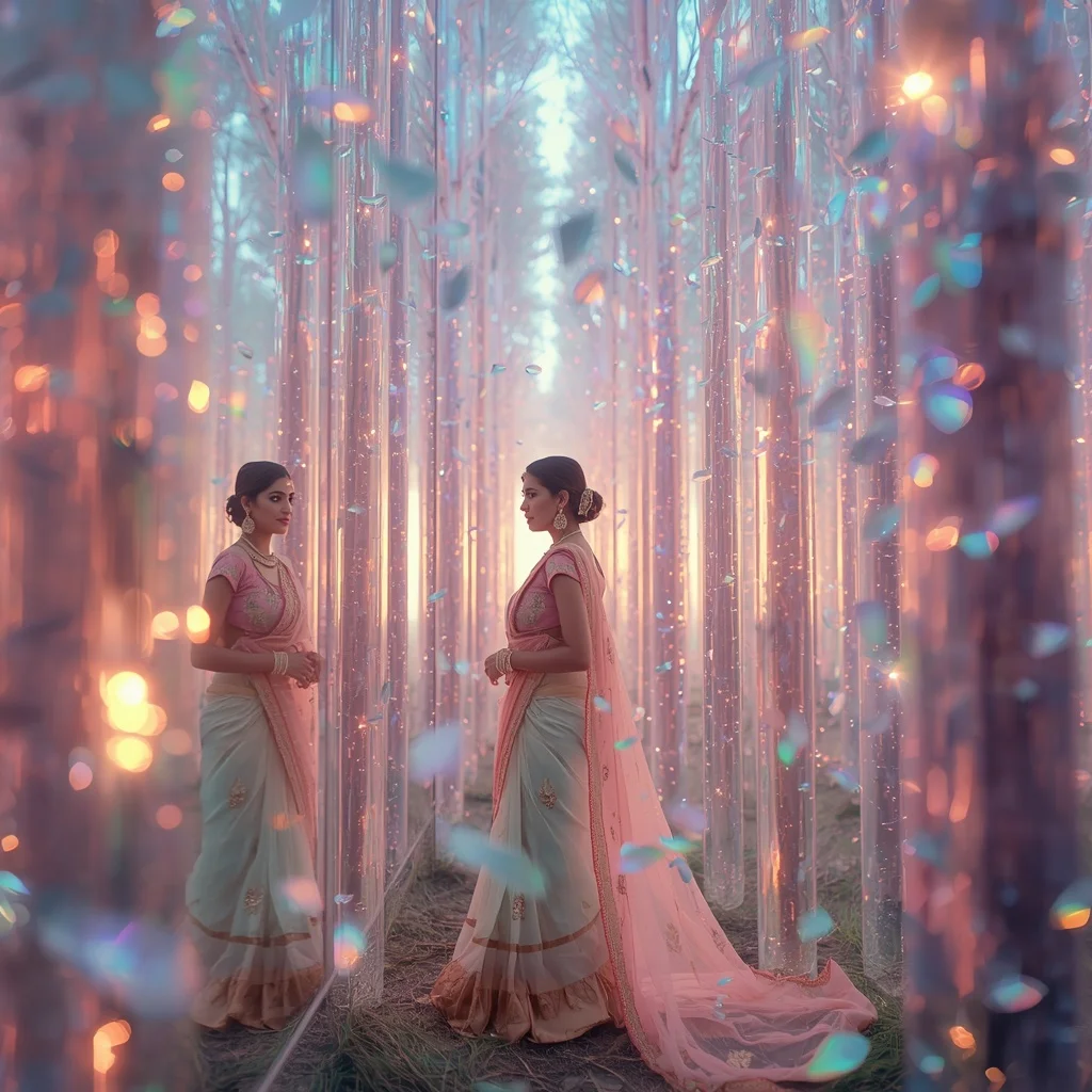 Festive Pastel Saree Reflective Crystal Aurora Forest Collage Luxury | Prompt Seen Girl Lehenga