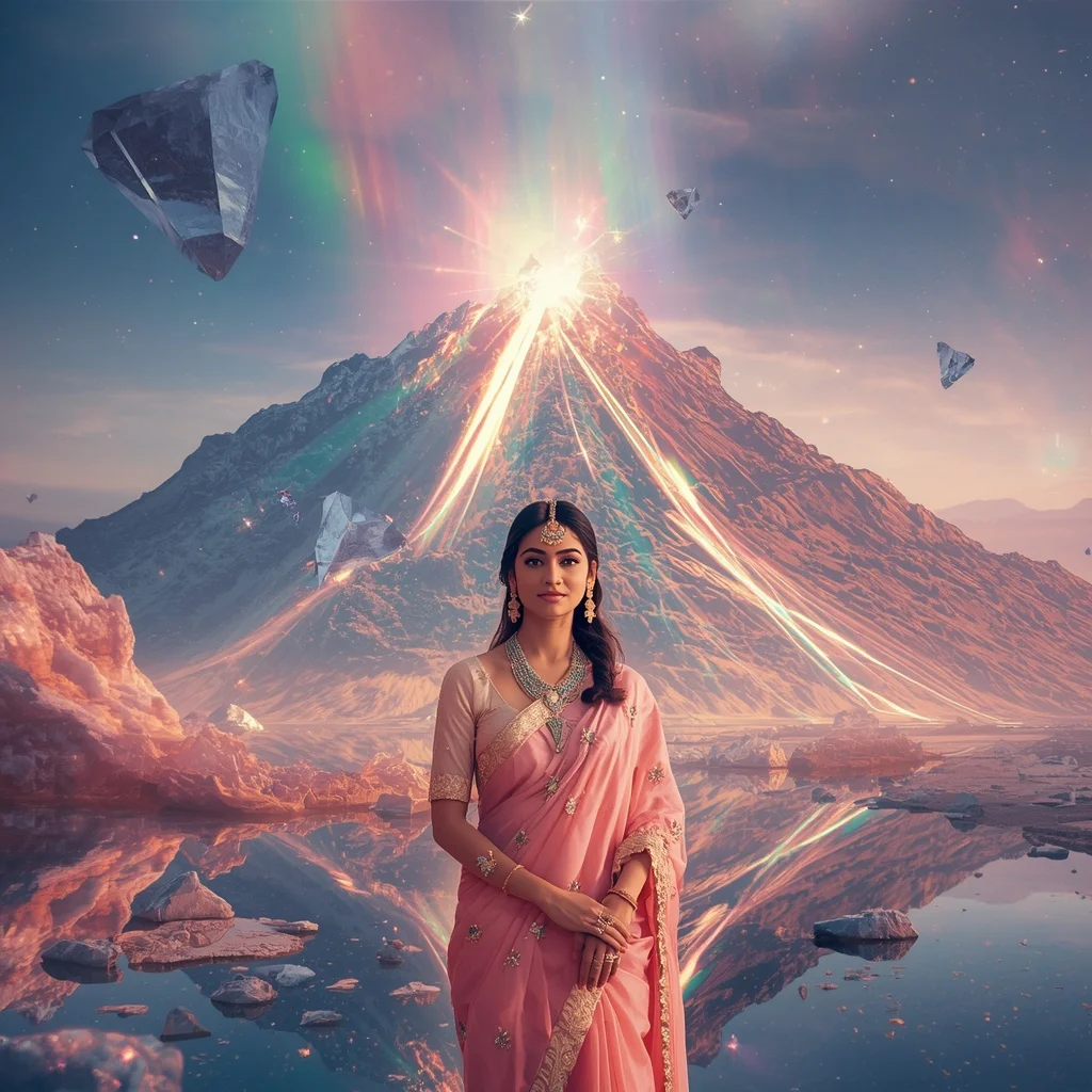 Festive Pastel Saree Reflective Crystal Aurora Volcano Collage Luxury | Gym Influencer Ai Prompt
