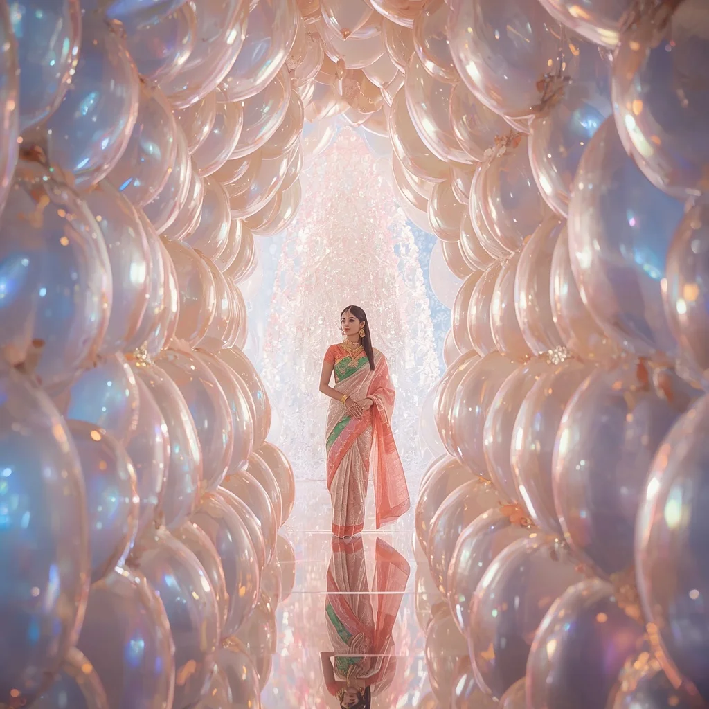 Festive Pastel Saree Reflective Pearl Aurora Cathedral Collage Luxury | Prompt For Traditional Look For Girl