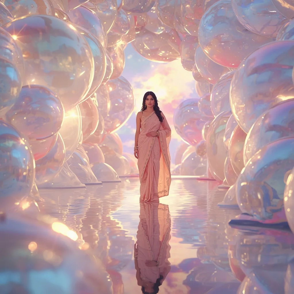 Festive Pastel Saree Reflective Pearl Aurora Harbor Collage Luxury | Gemini Ai Prompt