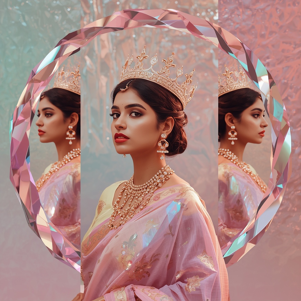 Festive Pastel Saree Reflective Ribbon Orbital Halo Crown Collage Luxury | Motivation Ai Prompt