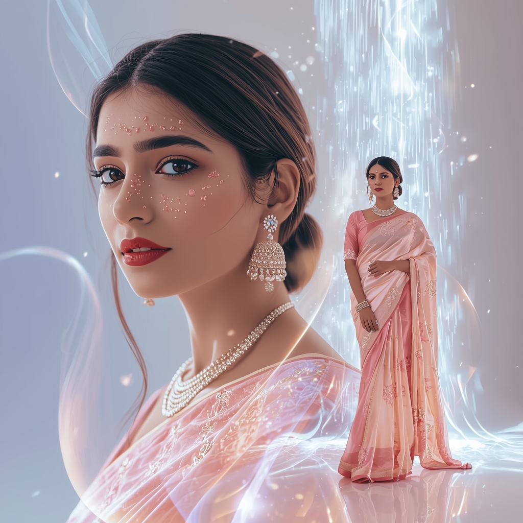 Festive Pastel Saree Ribbon Particle Dimension Collage | Glow Energy Prompt | Saree Aesthetic Ai Prompt For Pinterest
