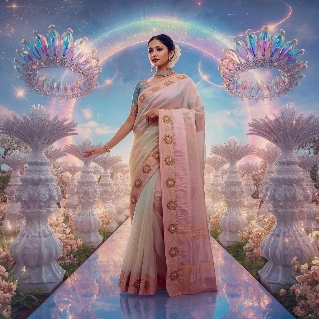Festive Pastel Saree Royal Crystal Aurora Infinity Crown Garden Collage Ultra Premium Couture | Gemini Ai Prompt Copy Paste