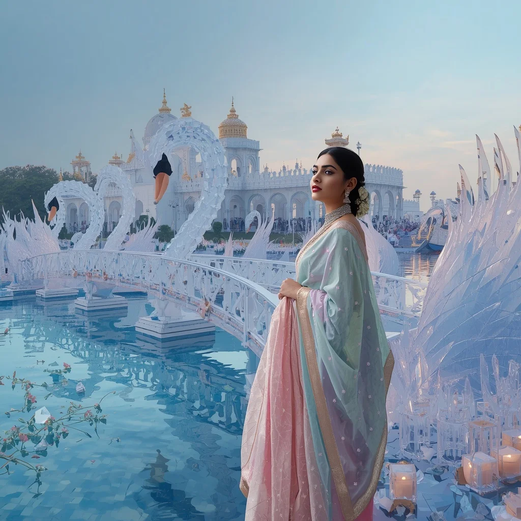 Festive Pastel Saree Royal Crystal Sapphire Swan Palace Collage Premium Couture | Ai Prompt Generator Free