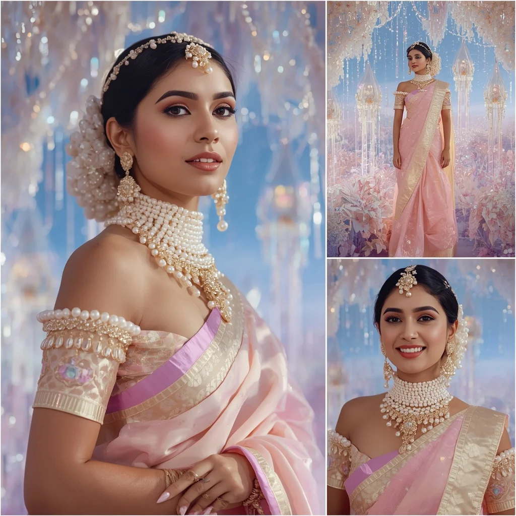 Festive Pastel Saree Royal Pearl Aurora Sky Kingdom Collage Luxury Couture | Traditional Saree Ai Prompt