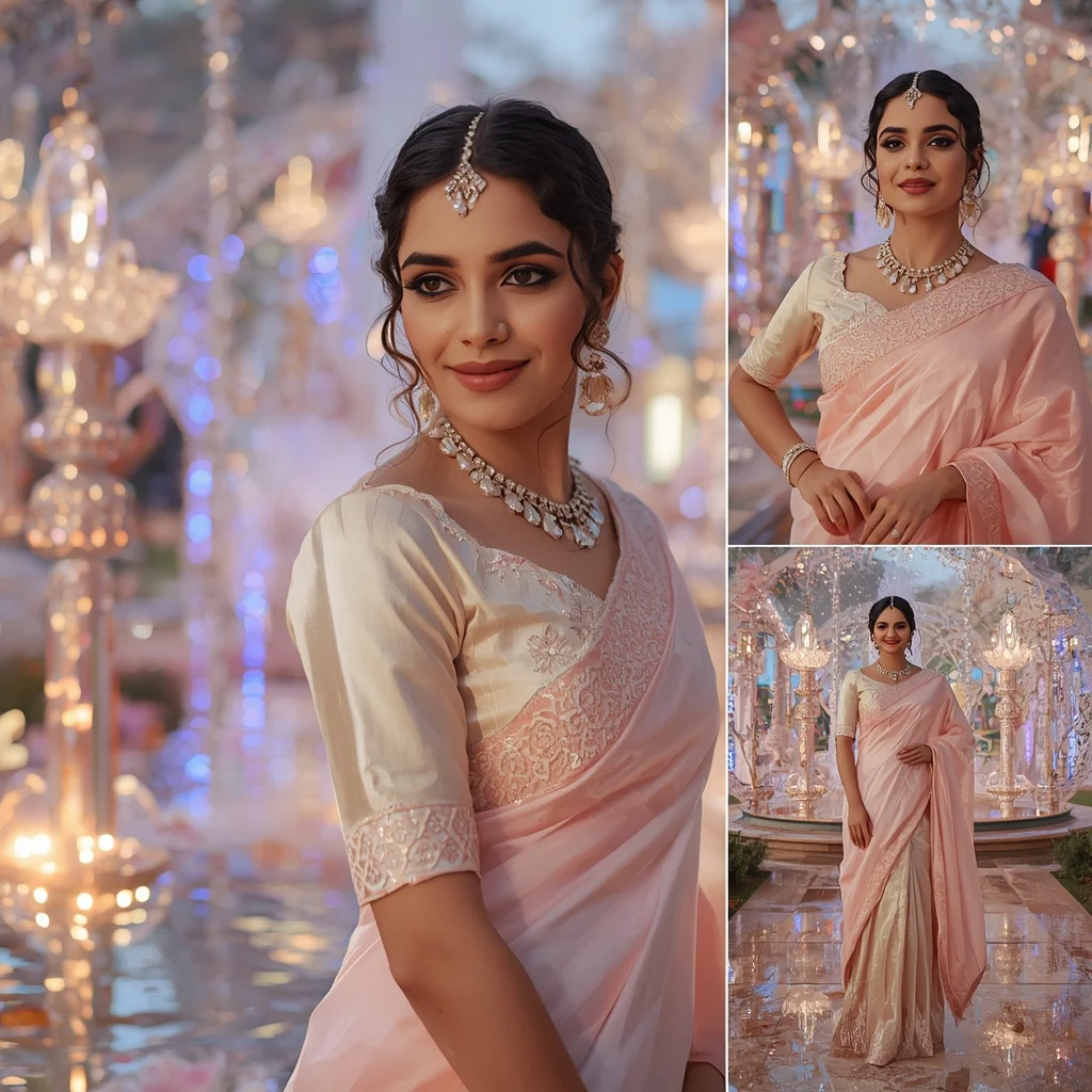Festive Pastel Saree Royal Pearl Crystal Aurora Fountain Garden Collage Luxury Couture | Instagram Prompt For Traditional Look For Girl