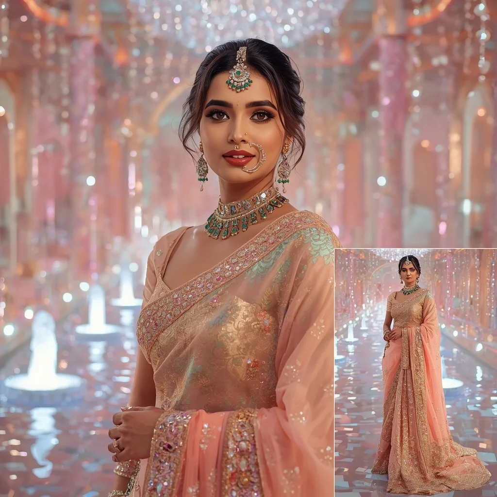Festive Pastel Saree Royal Pearl Crystal Aurora Fountain Palace Collage Luxury Couture | Bridal Ai Prompt