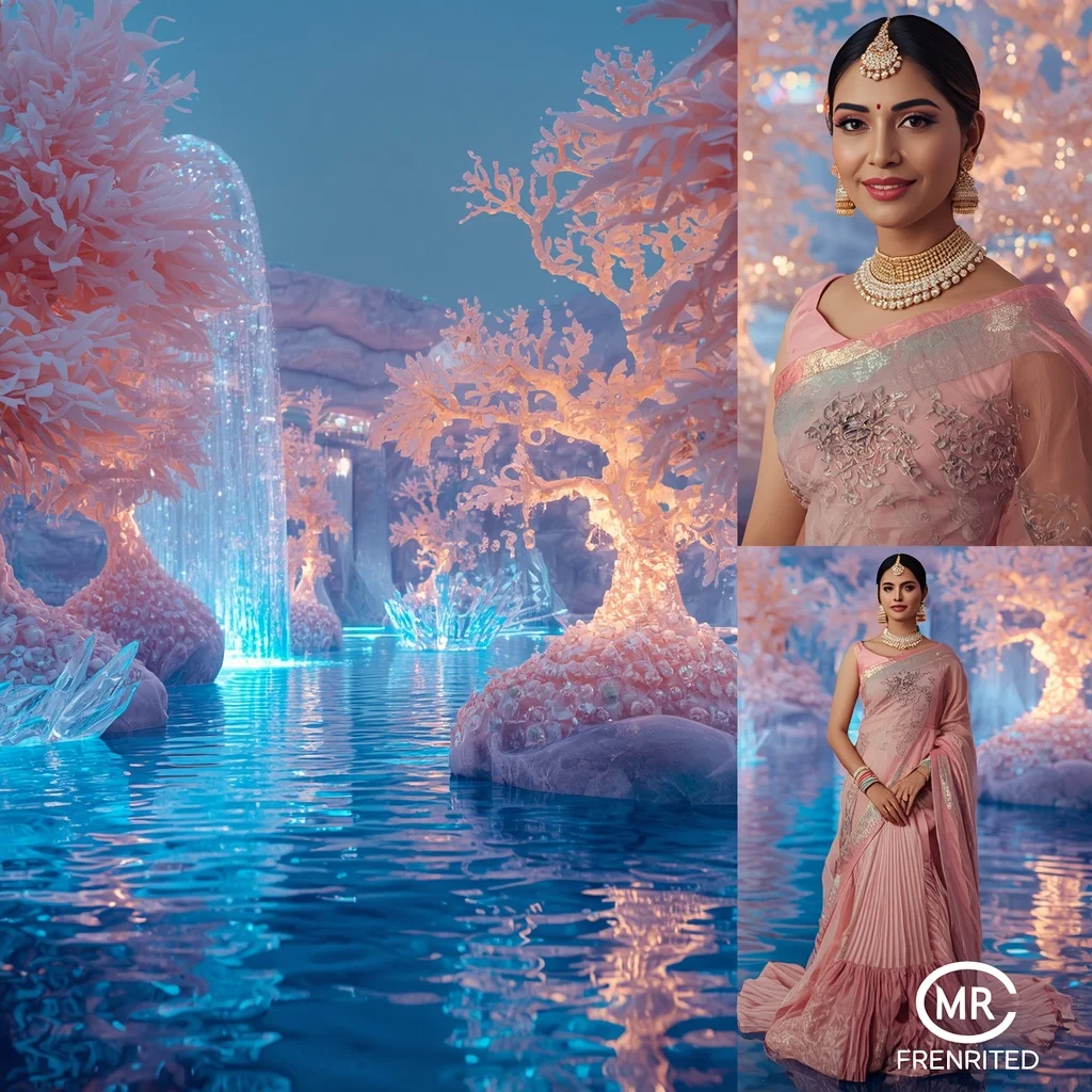 Festive Pastel Saree Royal Pearl Crystal Aurora Lagoon Collage Luxury Couture | Trending Prompt Girls