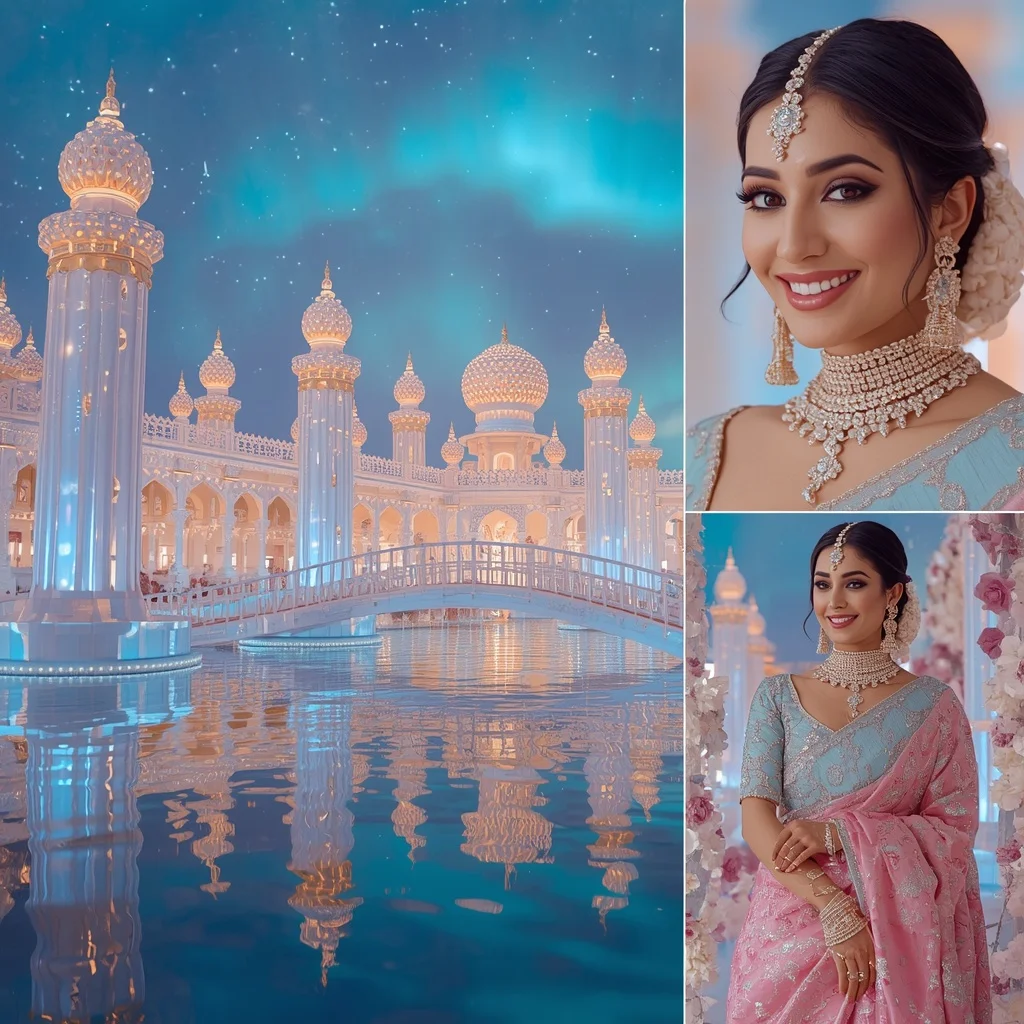 Festive Pastel Saree Royal Pearl Crystal Aurora Lake Palace Collage Luxury Couture | Influencer Ai Prompt