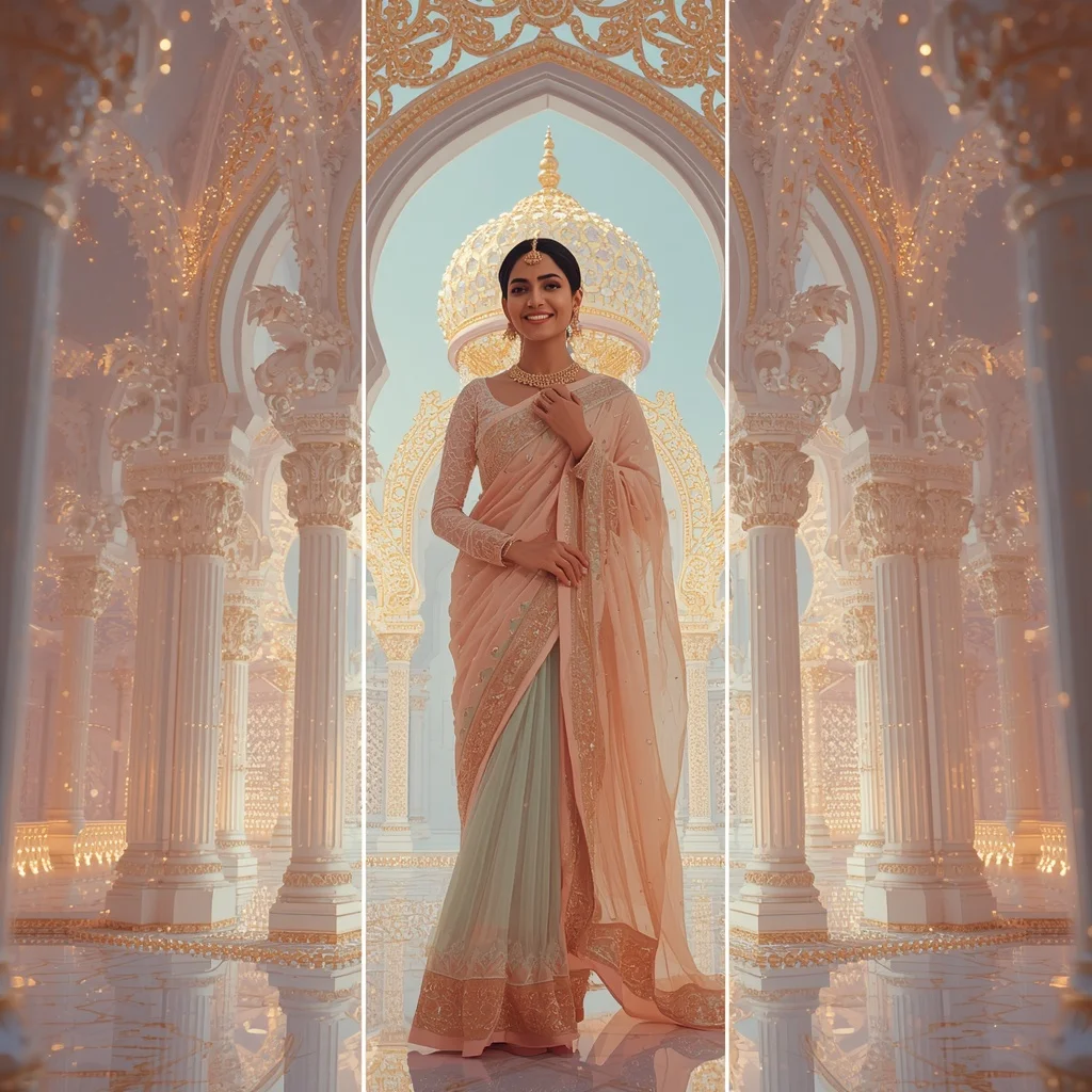 Festive Pastel Saree Royal Pearl Crystal Heaven Palace Collage Luxury Couture | Prompt Seen Trending Girl 2026 Instagram