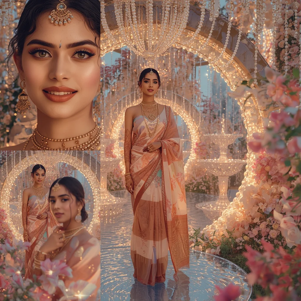 Festive Pastel Saree Royal Pearl Crystal Moon Garden Collage Luxury Couture | Instagram Model Ai Prompt