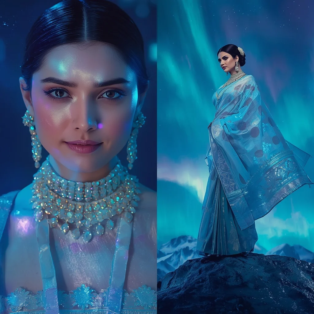 Festive Pastel Saree Sapphire Aurora Crown Glacier Collage | Indian Girl Ai Prompt