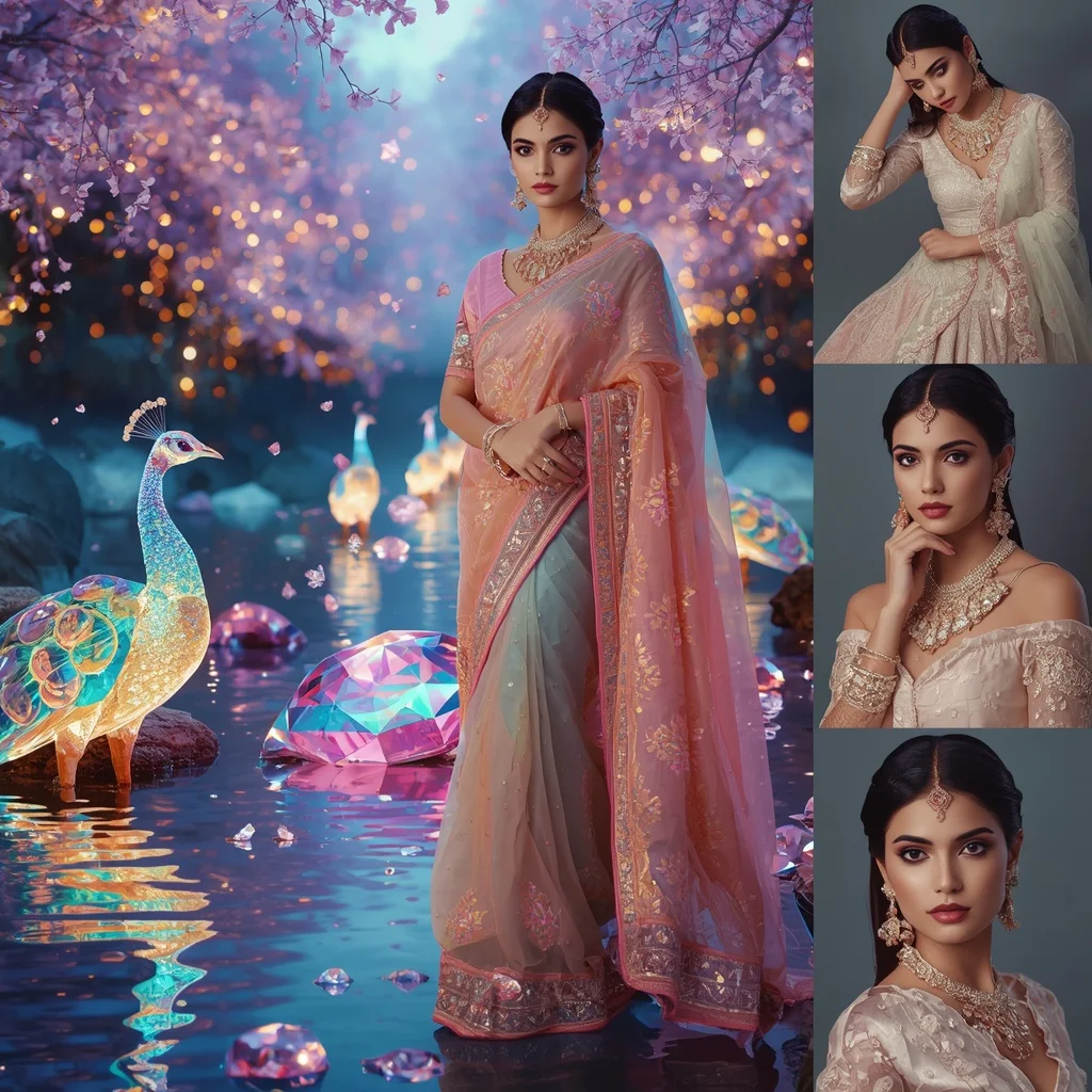 Festive Pastel Saree Sapphire Aurora Peacock River Collage Luxury Fashion | Desi Girl Ai Prompt