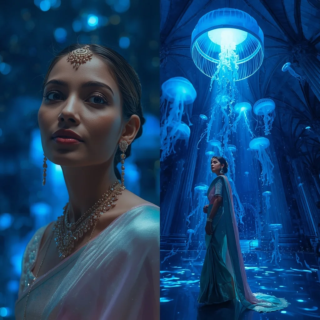 Festive Pastel Saree Sapphire Celestial Jellyfish Cathedral Collage | Prompt Seen Girl Photo Editing Chatgpt Aesthetic