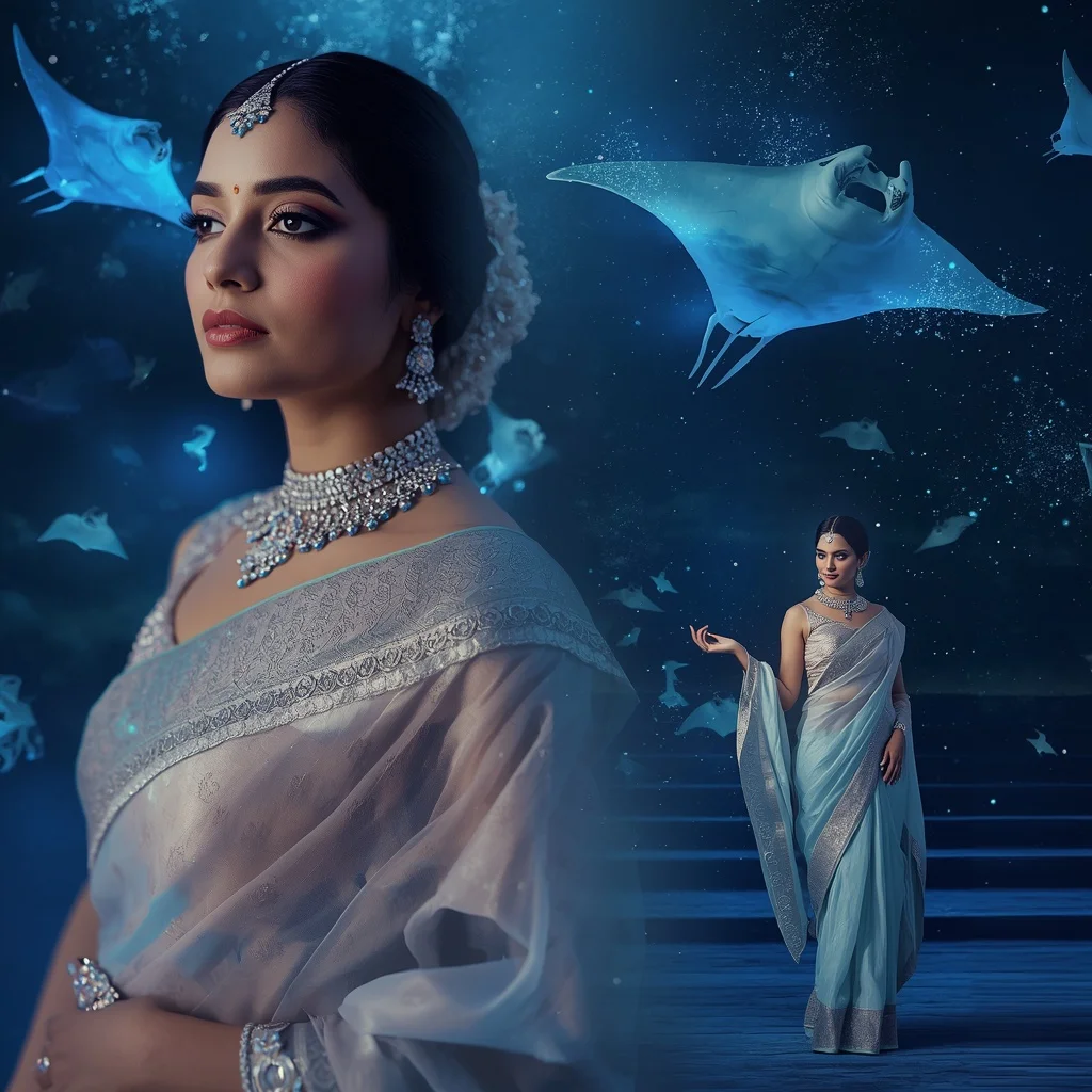 Festive Pastel Saree Sapphire Celestial Manta Ray Kingdom Collage | Chatgpt Prompt
