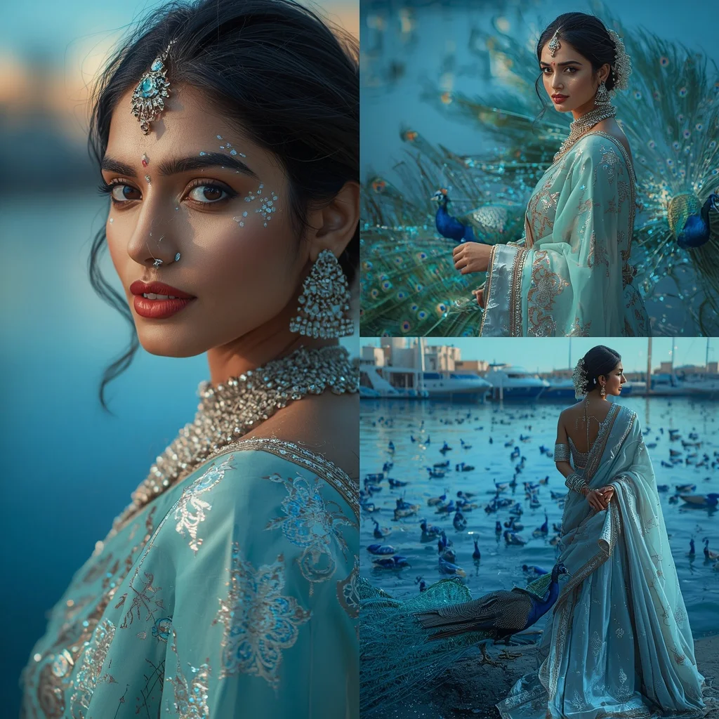 Festive Pastel Saree Sapphire Celestial Peacock Harbor Collage | Woman Pose Ai Prompt