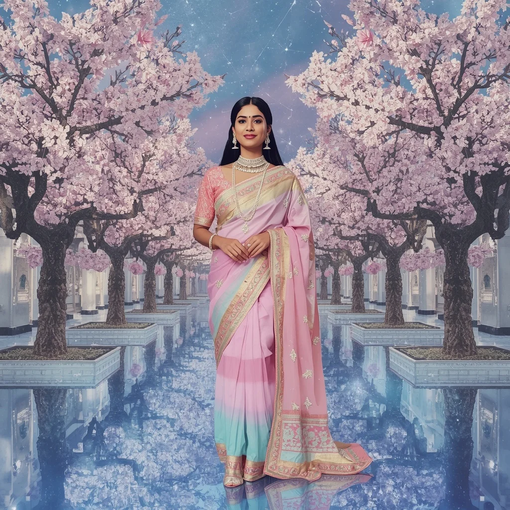 Festive Pastel Saree Sapphire Crystal Cherry Blossom Empire Collage Couture Luxury | South Indian Prompt For Gemini Girl Instagram