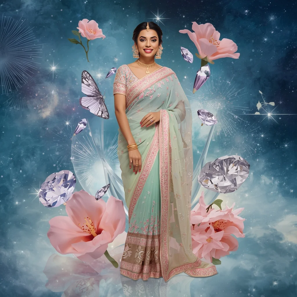 Festive Pastel Saree Sapphire Crystal Jasmine Nebula Empire Collage Couture Luxury | Ai Photo Editing Prompt