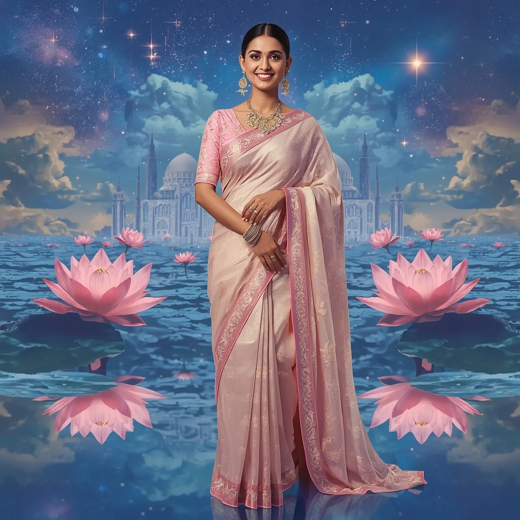 Festive Pastel Saree Sapphire Crystal Lotus Star Empire Collage Couture Luxury | Korean Ai Prompt