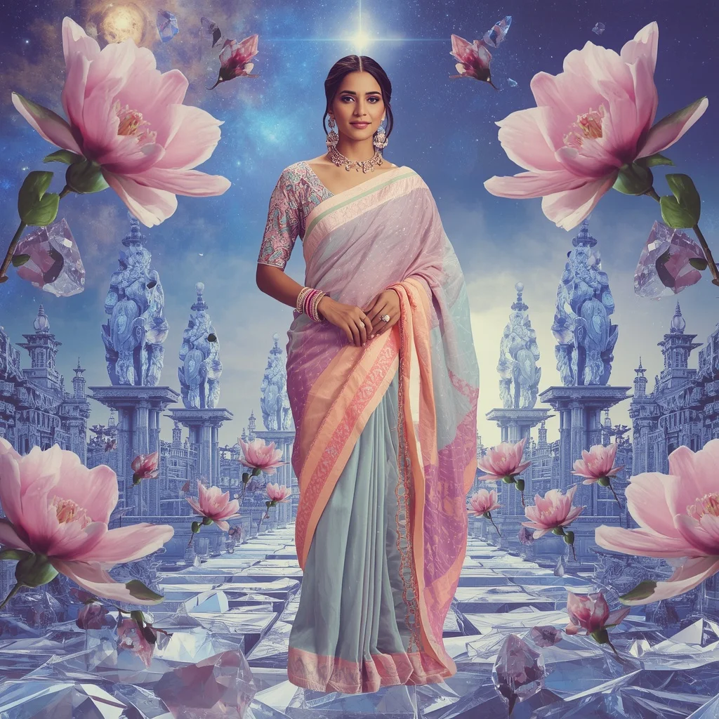 Festive Pastel Saree Sapphire Crystal Magnolia Heaven Empire Collage Couture Luxury | Prompt Seen Horror Girl