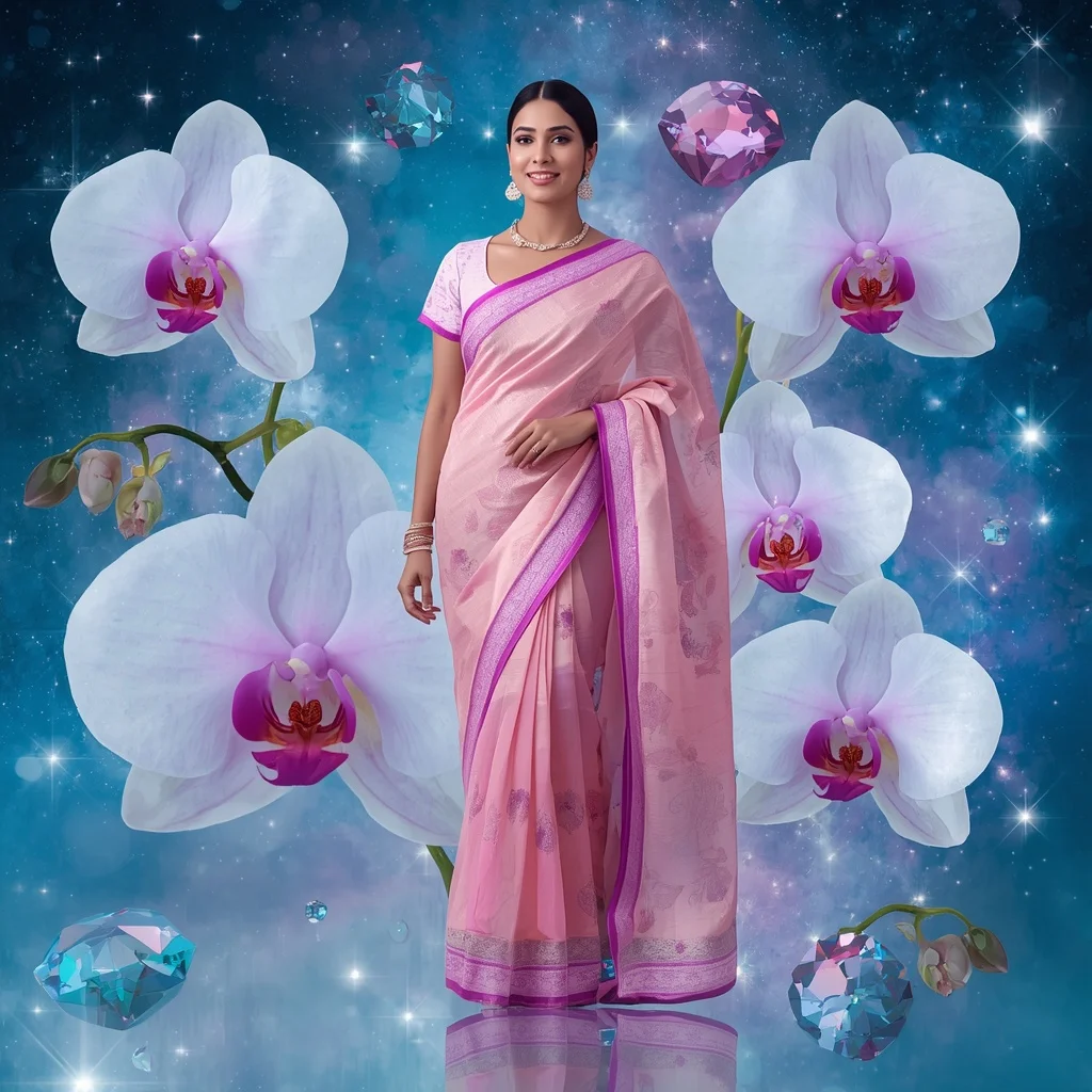 Festive Pastel Saree Sapphire Crystal Orchid Nebula Empire Collage Couture Luxury | Prompt For Traditional Look For Girl