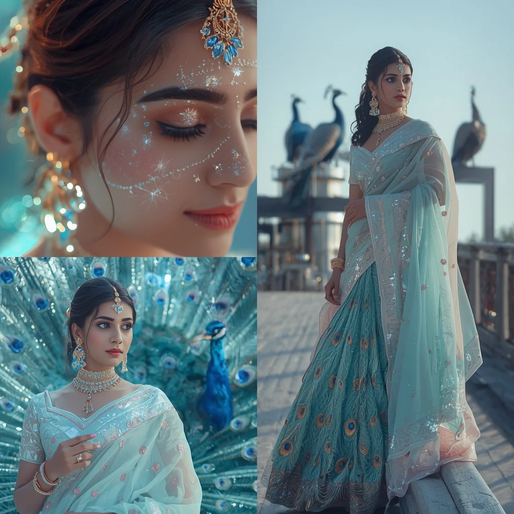 Festive Pastel Saree Sapphire Crystal Peacock Observatory Collage | Selfie Prompt