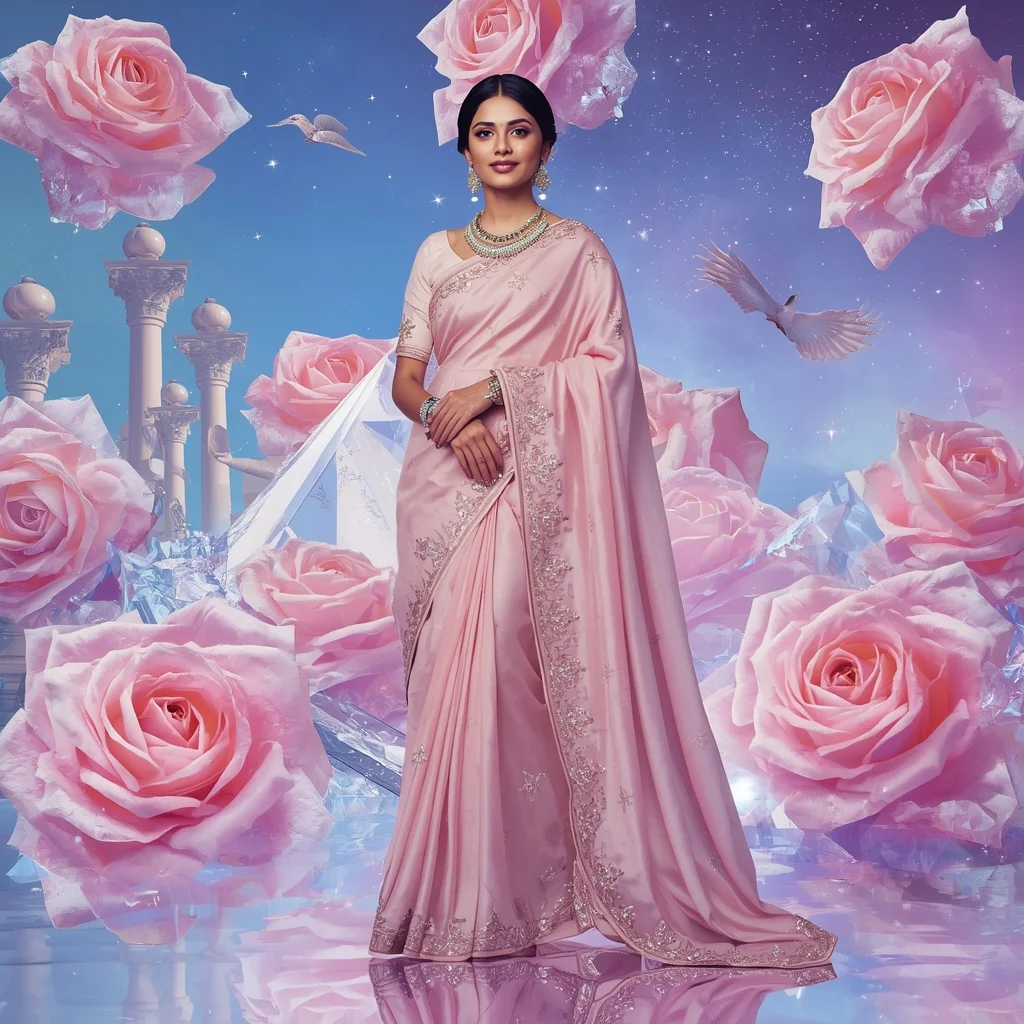Festive Pastel Saree Sapphire Crystal Rose Constellation Empire Collage Couture Luxury | Korean Ai Prompt