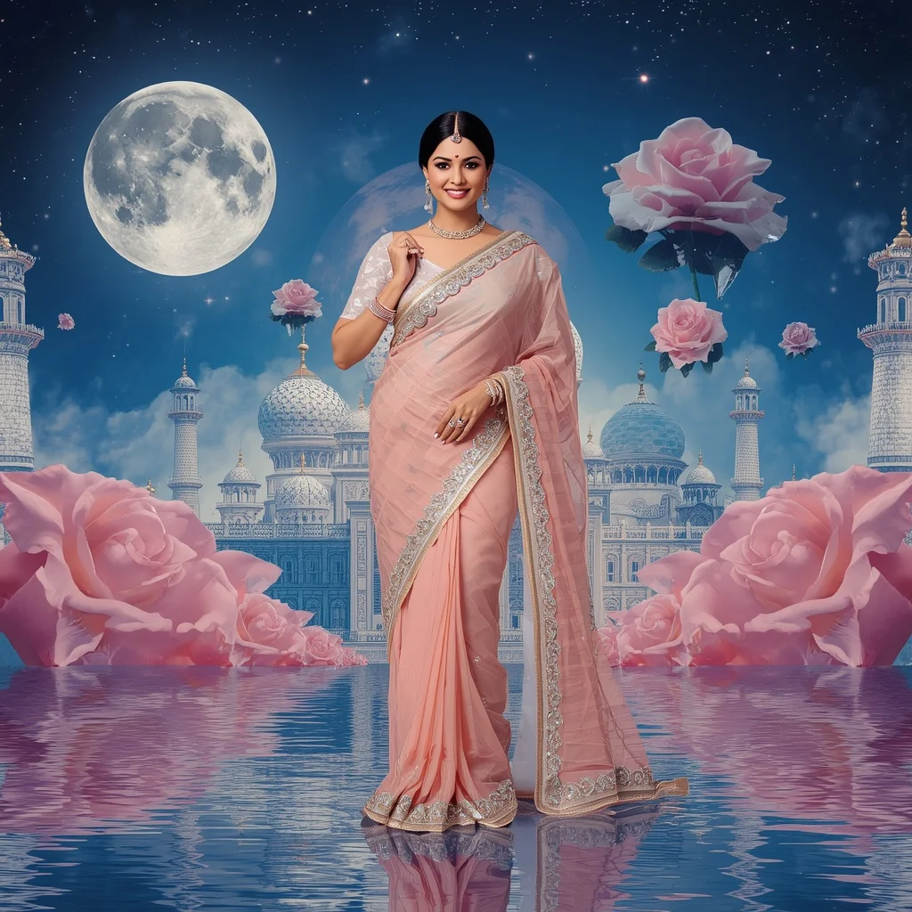 Festive Pastel Saree Sapphire Crystal Rose Moon Empire Collage Couture Luxury | Ai Prompt For Reels