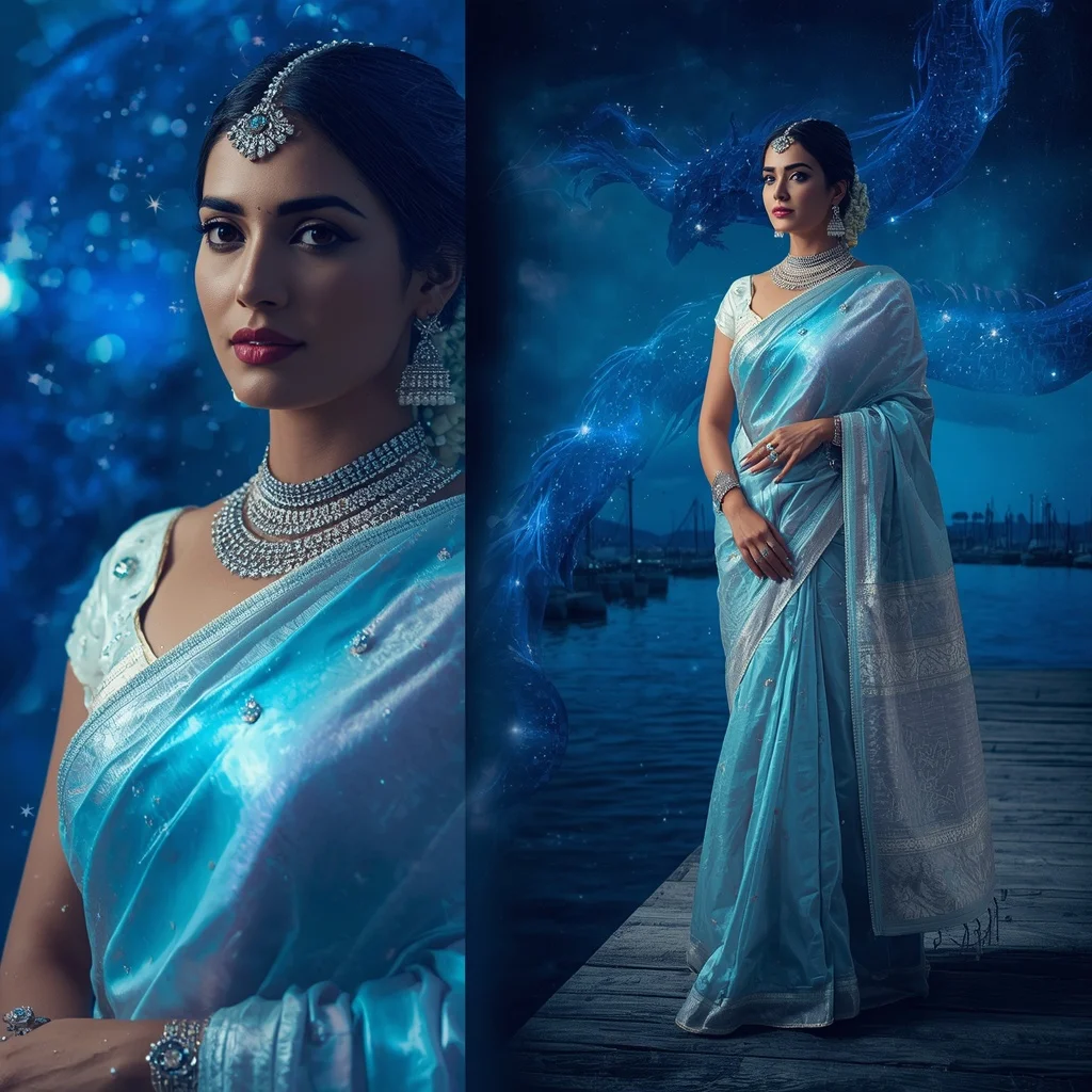 Festive Pastel Saree Sapphire Dragon Constellation Harbor Collage | Prompt For Traditional Look On Instagram