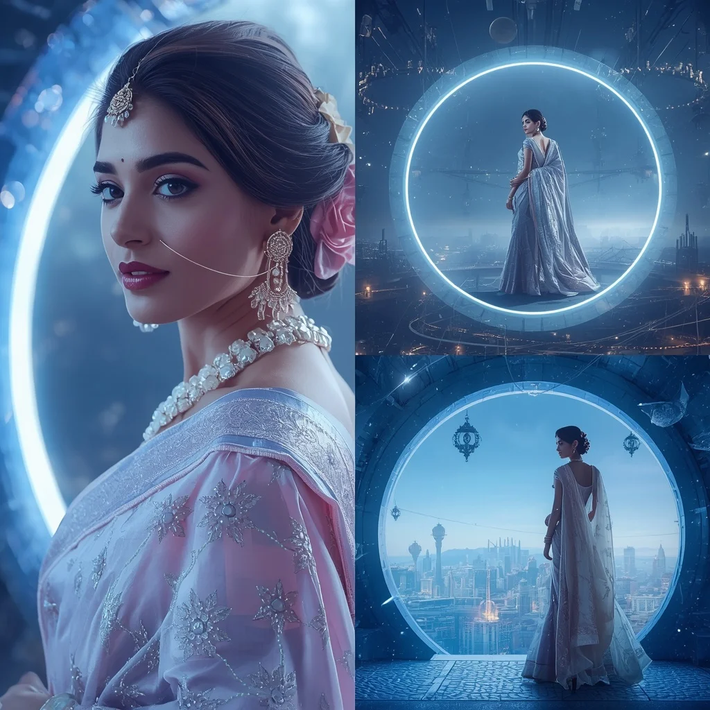 Festive Pastel Saree Sapphire Moon Halo Megacity Collage | New Instagram Trend Prompt For Girl And Boy Copy And Paste