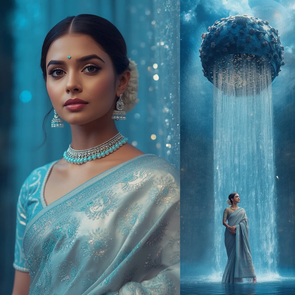 Festive Pastel Saree Sapphire Planet Bloom Waterfalls Collage | 3d Animation Ai Prompt