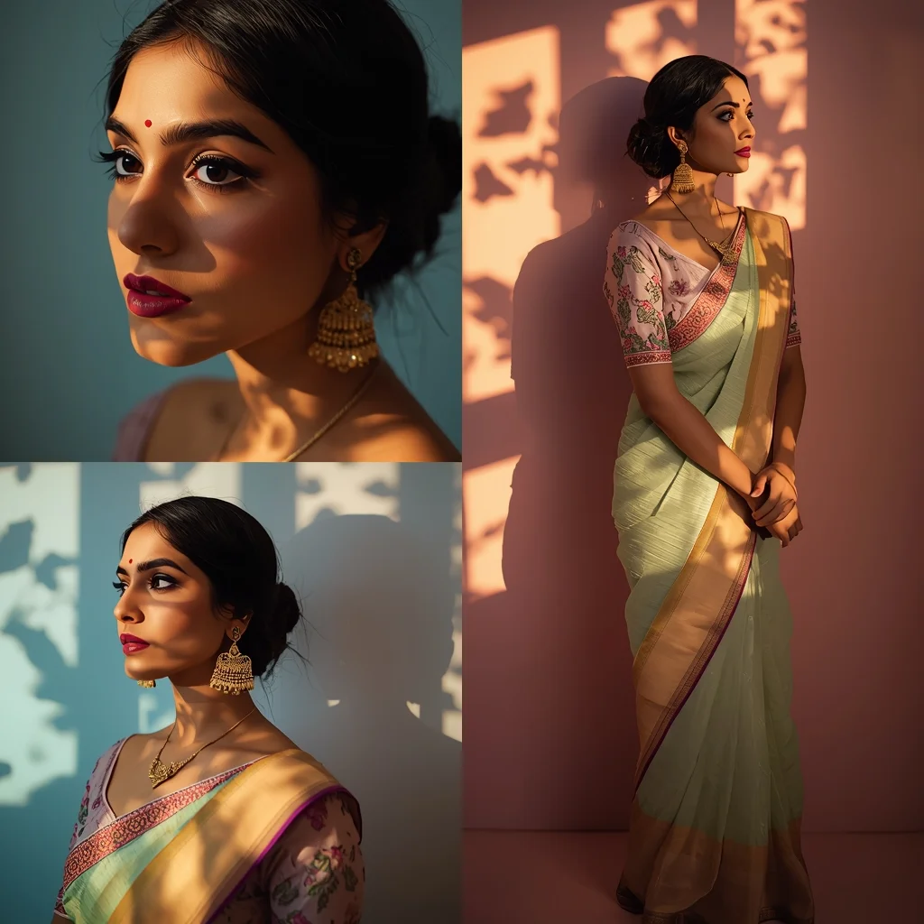 Festive Pastel Saree Shadow Play Collage | Indian Girl Dual Light Drama Aesthetic Cinematic Viral Prompt | Saree Prompt Copy Paste