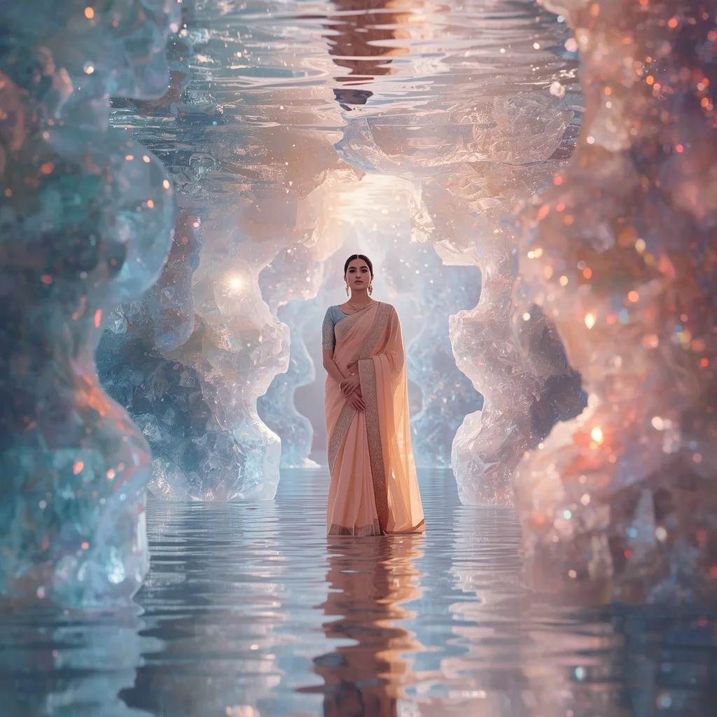 Festive Pastel Saree Silk Aurora Crystal Water Realm Collage Premium Cinematic | Chatgpt Prompt For Photo Editing Trending