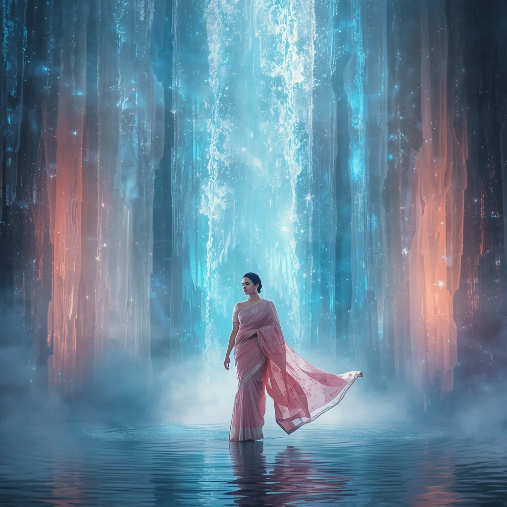 Festive Pastel Saree Silk Aurora Crystal Waterfalls Premium Collage | Trending Ai Prompt