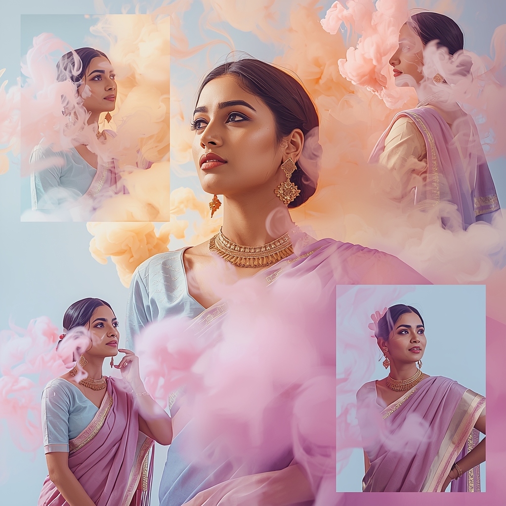 Festive Pastel Saree Smoke Art Collage | Indian Girl Color Smoke Aesthetic Soft Cinematic Viral Prompt | Saree Selfie Ai Prompt
