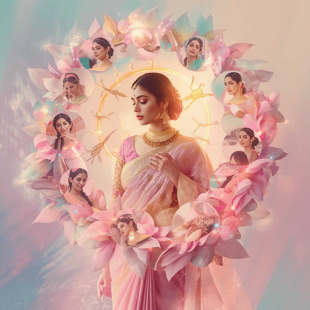 Festive Pastel Saree Spiral Bloom Energy Cascade Collage Modern | Profile Picture Ai Prompt