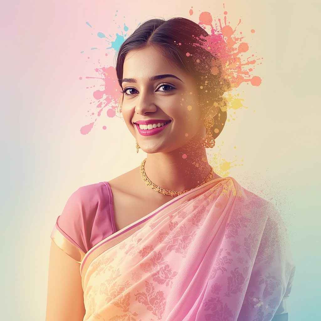 Festive Pastel Saree Splash Fade Collage | Indian Girl Color Blend Aesthetic Soft Cinematic Viral Prompt | Saree Photoshoot Prompt Ultra Realistic