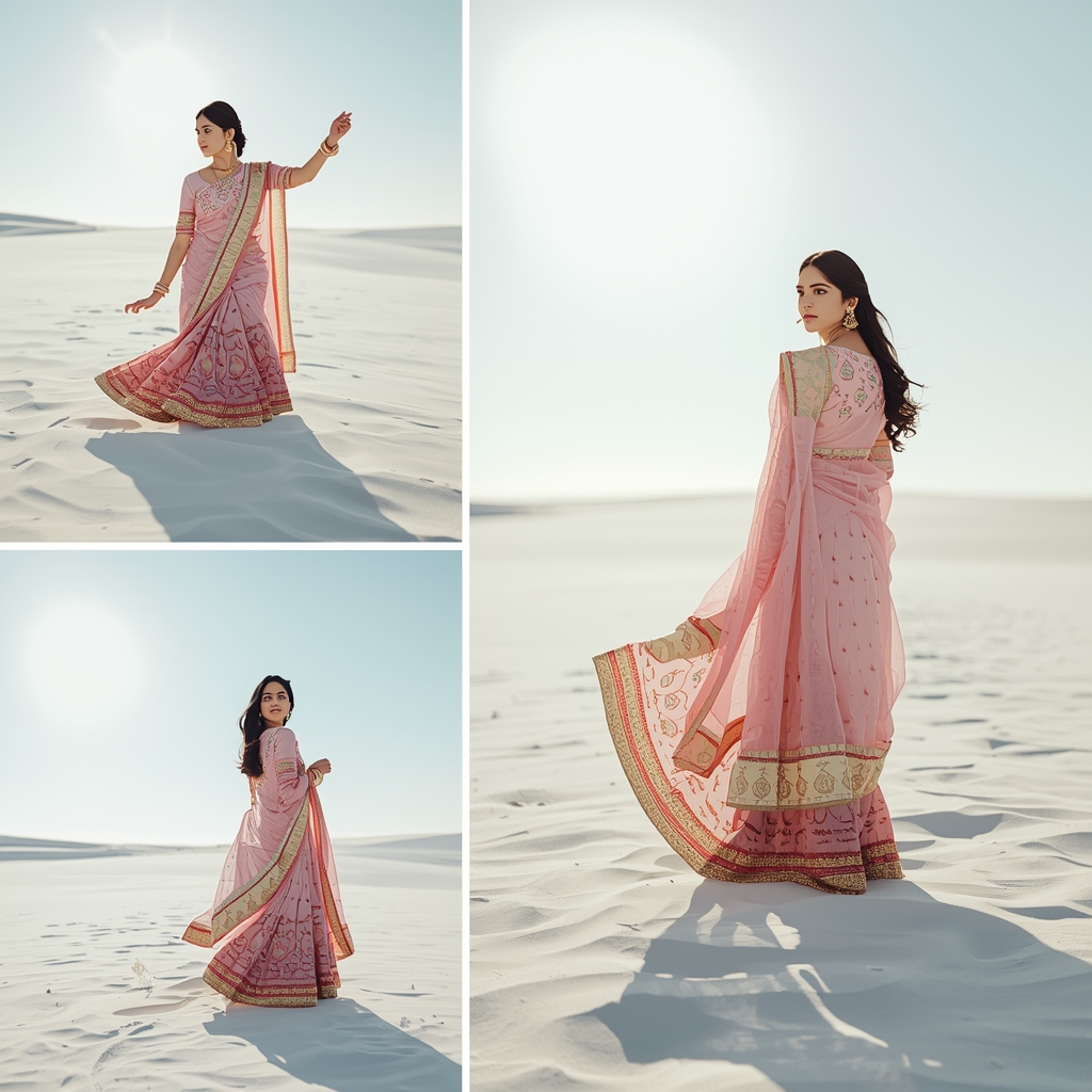 Festive Pastel Saree Sunlit White Sand Dunes | Saree Ai Prompt