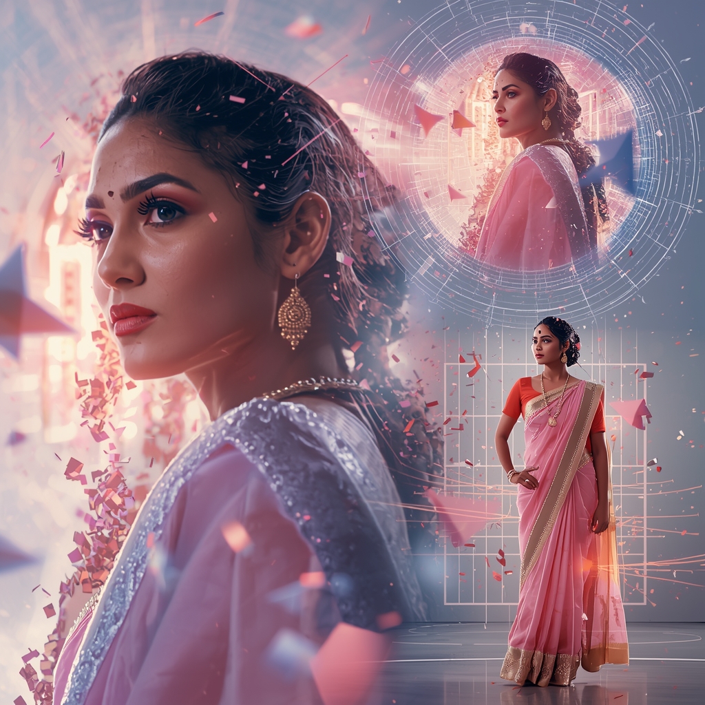 Festive Pastel Saree Supreme Quantum Magnetic Grid Tornado Collage | Hyper Futuristic Prompt | Saree Prompt Text To Image