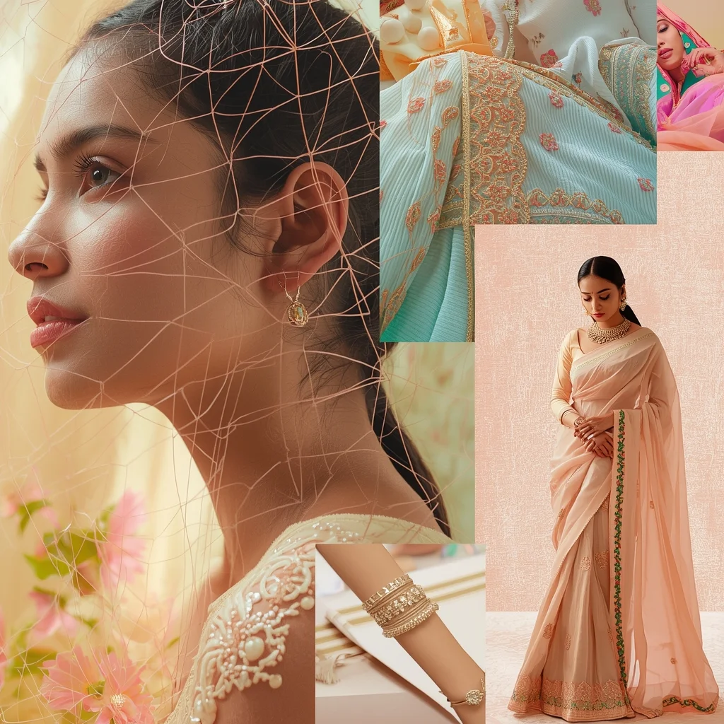 Festive Pastel Saree Thread Weave Collage | Indian Girl Textile Art Aesthetic Soft Cinematic Viral Prompt | Saree Ai Prompt