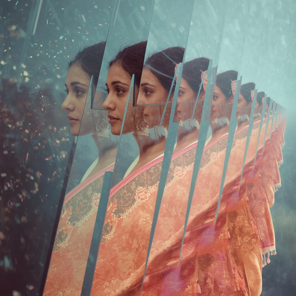 Festive Pastel Saree Time Fracture Layers Collage | Indian Girl Multi Timeline Cinematic Viral Prompt | Black Saree Prompt For Chatgpt