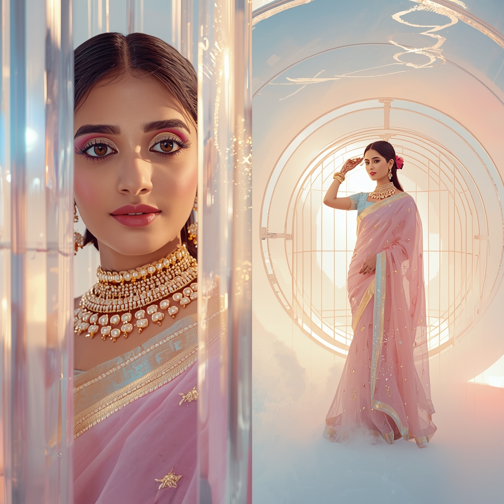 Festive Pastel Saree Tunnel Cage Tornado Portal Collage | Spiral Structure Prompt | Cinematic Saree Ai Prompt