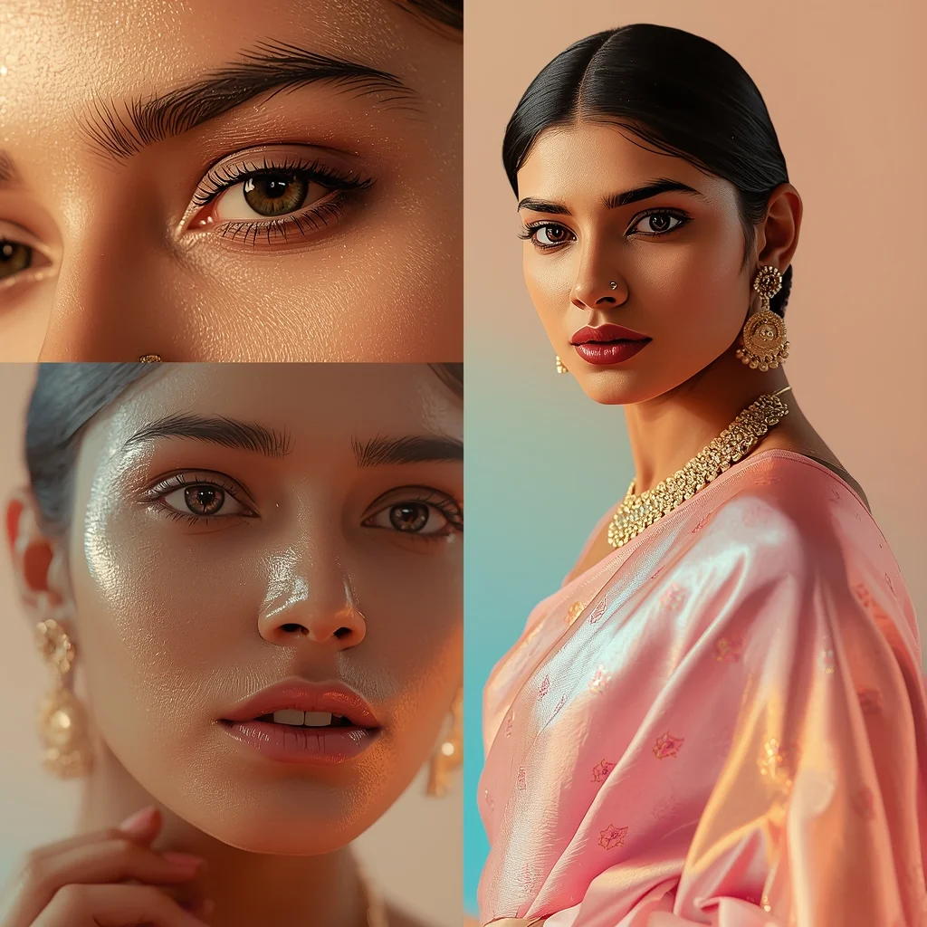 Festive Pastel Saree Ultra HD Glass Skin Beauty Portrait Collage | Luxury Editorial Prompt | Saree Profile Pic Ai Prompt
