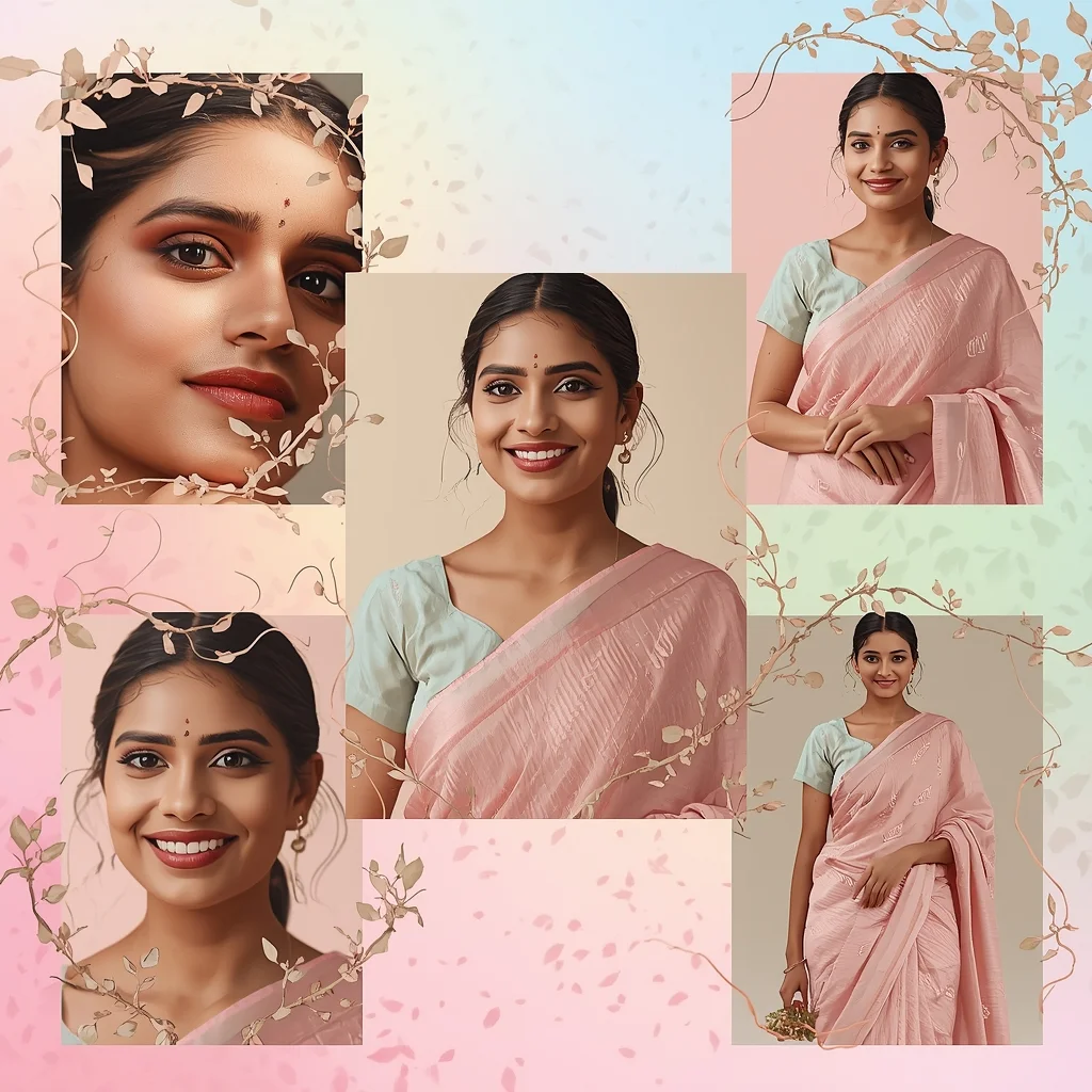 Festive Pastel Saree Vine Wrap Collage | Indian Girl Nature Curve Aesthetic Soft Cinematic Viral Prompt | Gemini Saree Prompt For Woman