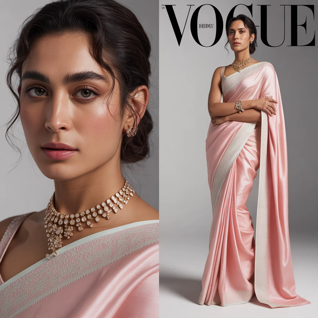 Festive Pastel Saree Vogue Magazine Cover Style Collage | High Fashion Prompt | Saree Dp Ai Prompt