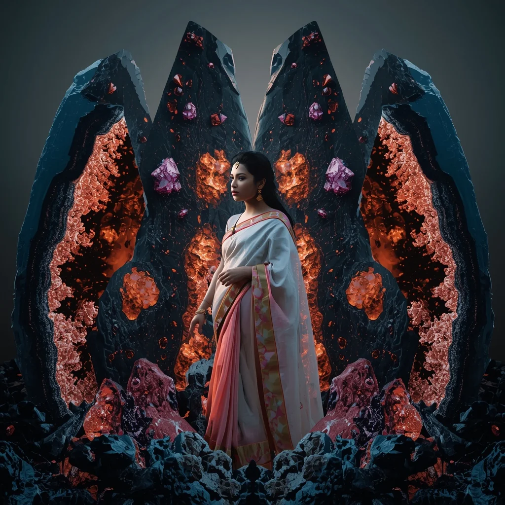 Festive Pastel Saree Volcanic Obsidian Geode and Raw Gems Collage Premium Cinematic | New Ai Prompt Text