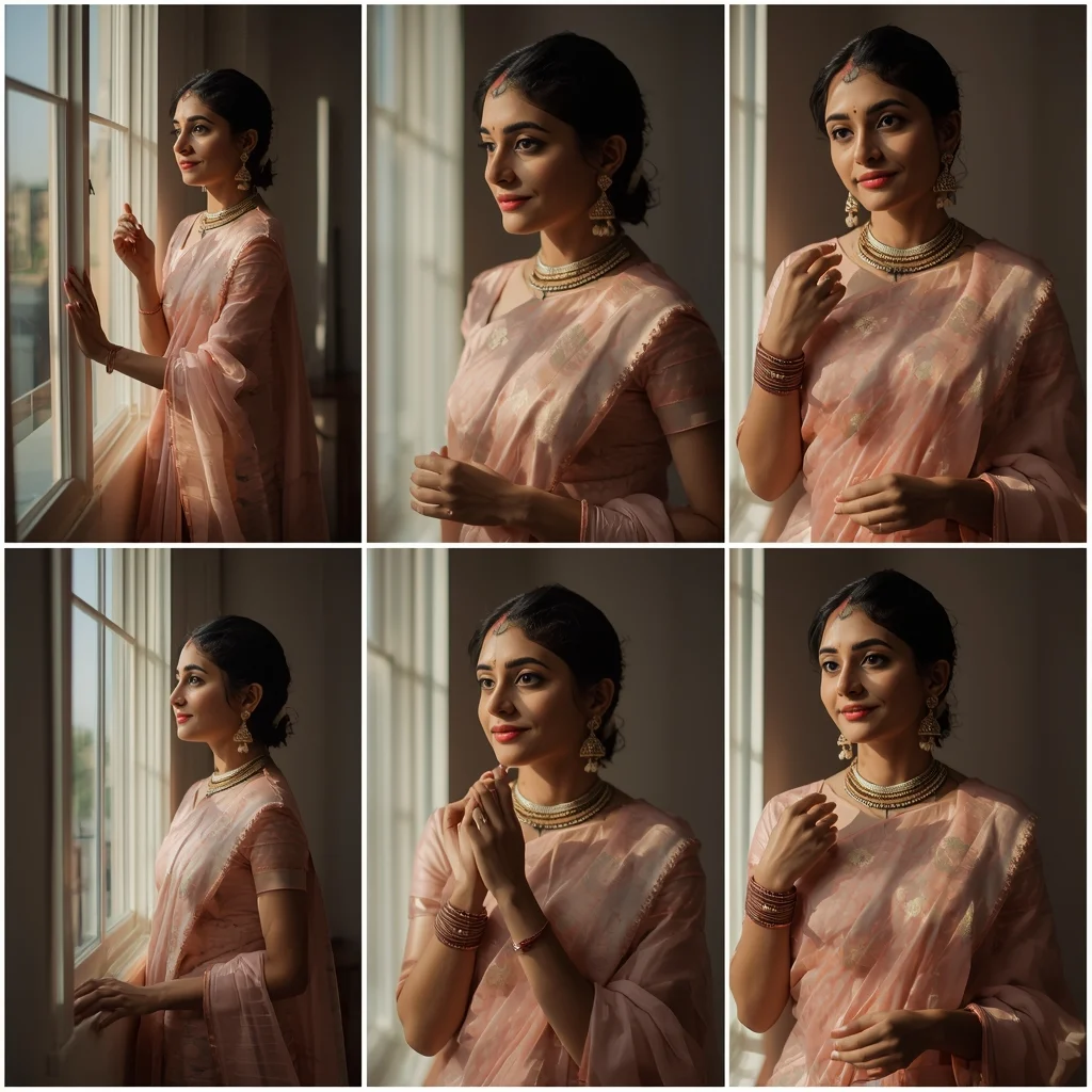 Festive Pastel Saree Window Light Collage | Indian Girl Natural Light Aesthetic Soft Cinematic Viral Prompt | Traditional Saree Ai Prompt